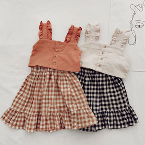 Ruffles vest plaid skirt set