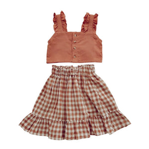 Ruffles vest plaid skirt set