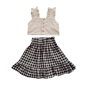 Ruffles vest plaid skirt set