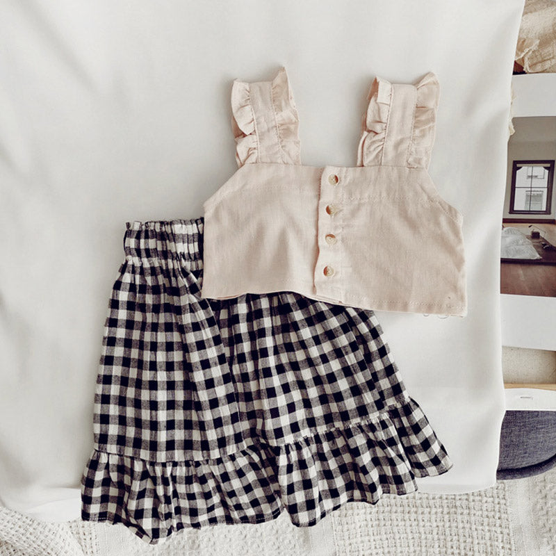 Ruffles vest plaid skirt set